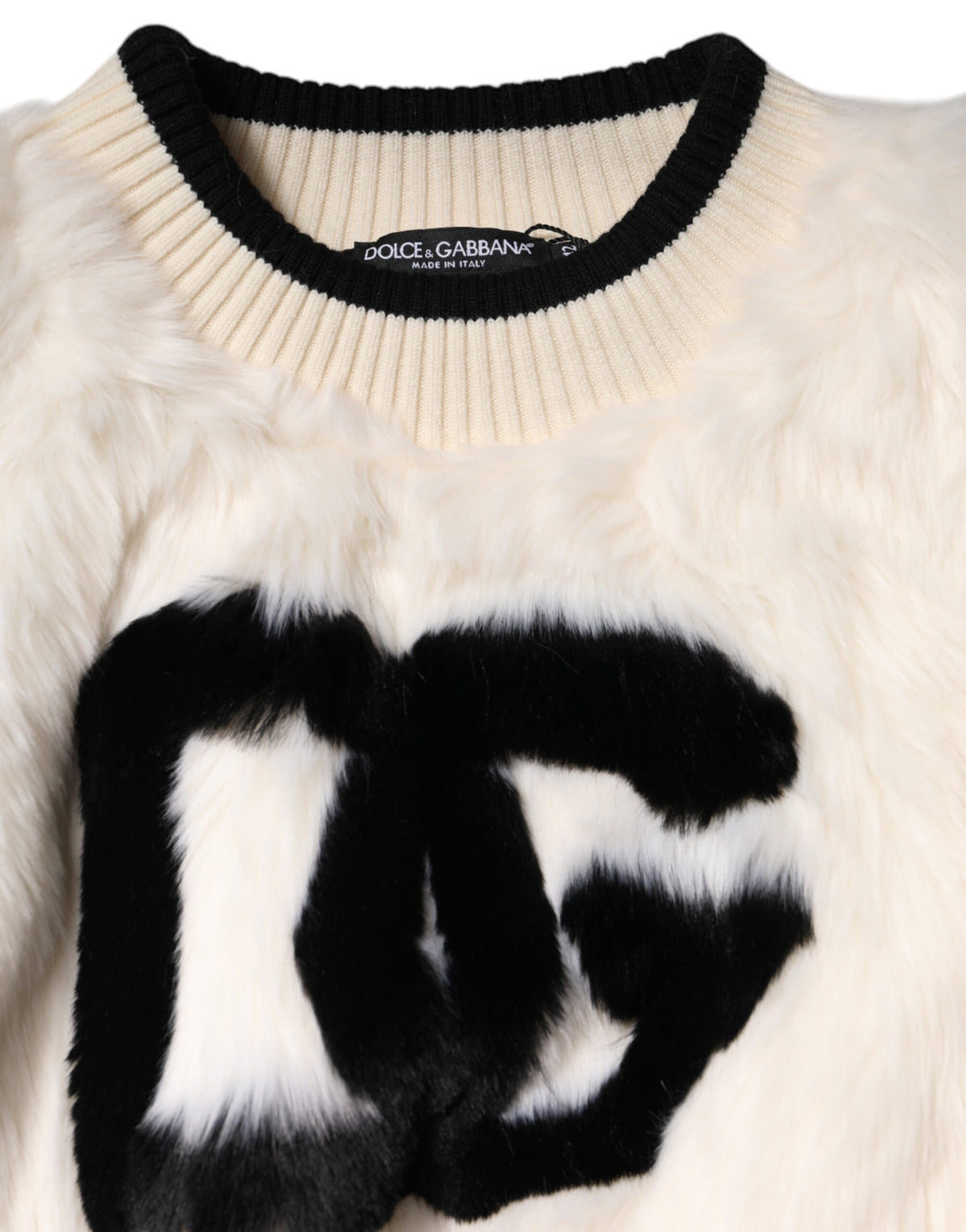 Dolce & Gabbana Weiß-schwarzer Cropped Pullover aus Kunstfell