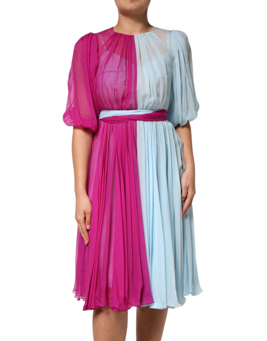 Dolce & Gabbana Fuchsia Hellblaues zweifarbiges Midikleid aus Seide