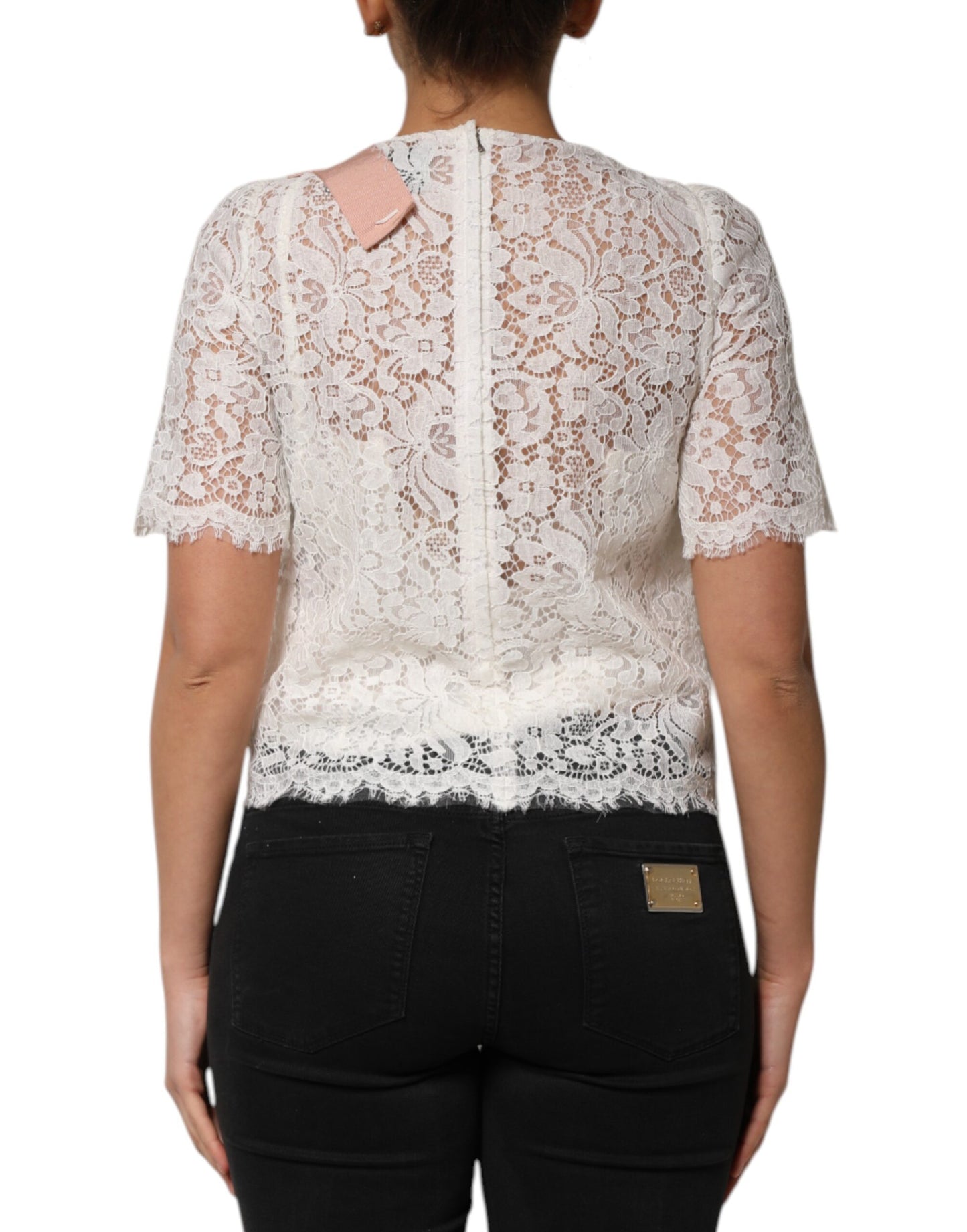 Dolce & Gabbana Weißes Blusentop mit floraler Spitze und kurzen Ärmeln