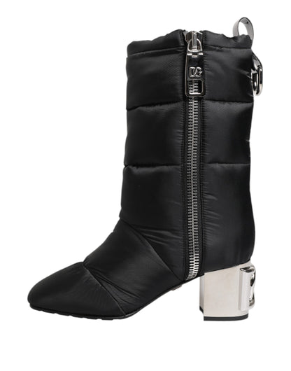 Dolce & Gabbana Schwarz gepolsterte Mid Calf Logo Heel Stiefel Schuhe