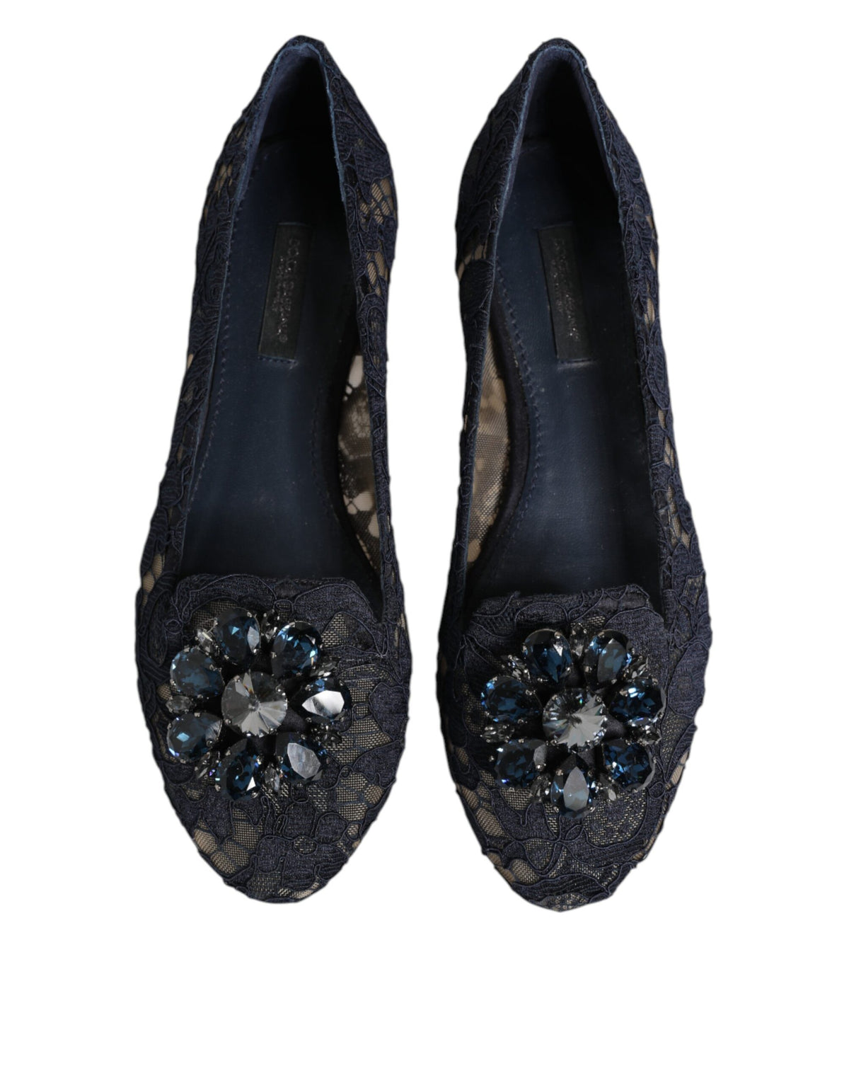 Dolce & Gabbana Dunkelblaue Taormina Spitzen-Ballerinas mit Kristallblume