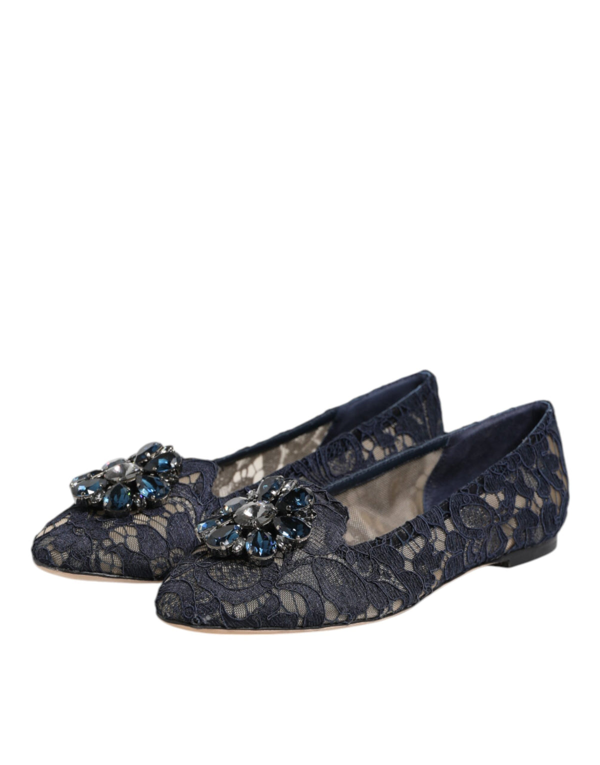 Dolce & Gabbana Dunkelblaue Taormina Spitzen-Ballerinas mit Kristallblume