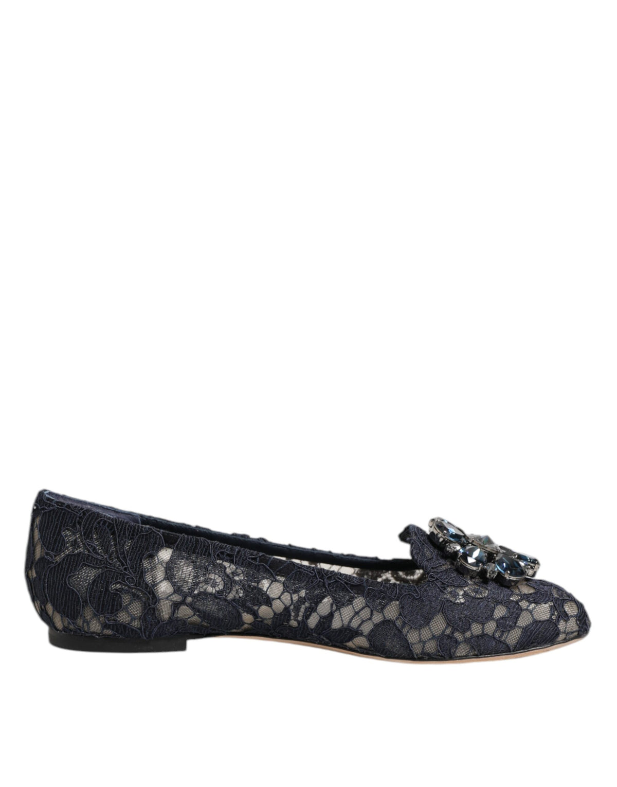 Dolce & Gabbana Dunkelblaue Taormina Spitzen-Ballerinas mit Kristallblume
