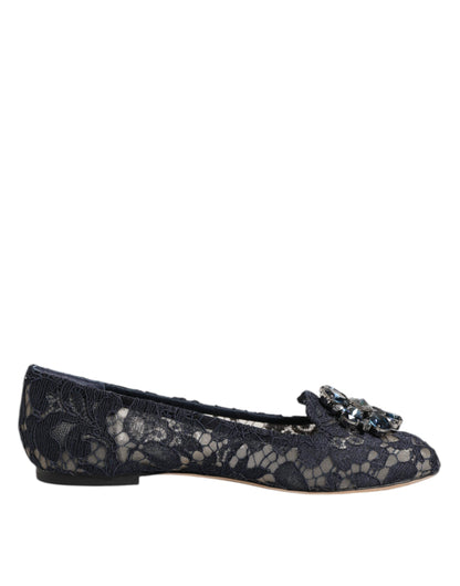 Dolce & Gabbana Dunkelblaue Taormina Spitzen-Ballerinas mit Kristallblume