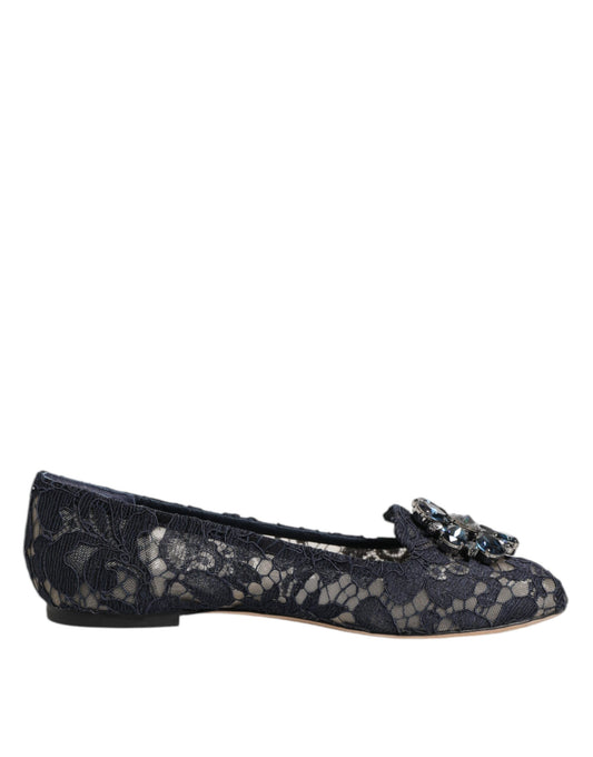 Dolce & Gabbana Dunkelblaue Taormina Spitzen-Ballerinas mit Kristallblume