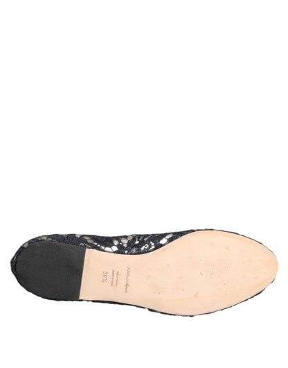 Dolce & Gabbana Dunkelblaue Taormina Spitzen-Ballerinas mit Kristallblume