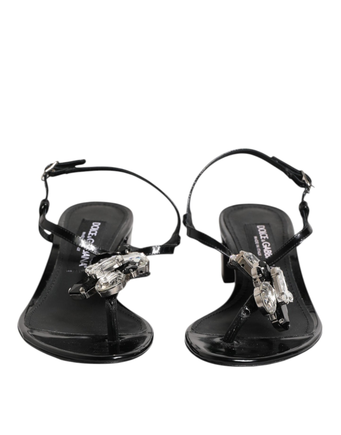 Dolce & Gabbana Schwarze Leder-Kristall-Knöchelriemen-Sandalen Schuhe