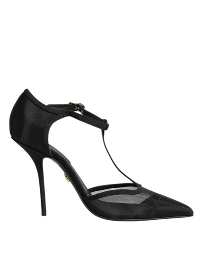 Dolce & Gabbana Schwarz Mesh T-strap Stiletto High Heels Schuhe