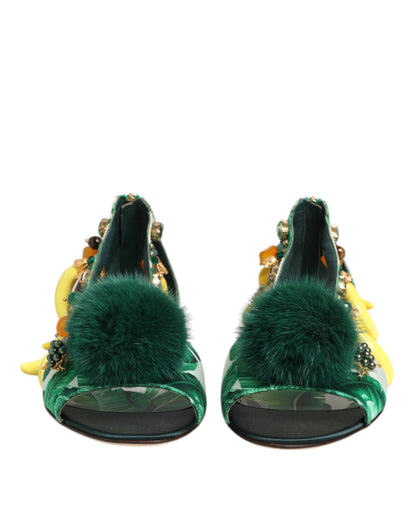 Dolce & Gabbana Grüne Satin-Sandalen mit Bananenblatt-Print und Nerzbesatz