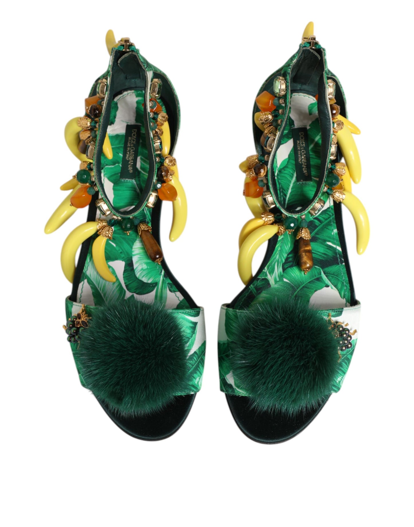 Dolce & Gabbana Grün Nerz Pelz Satin Bananenblatt Sandalen Schuhe