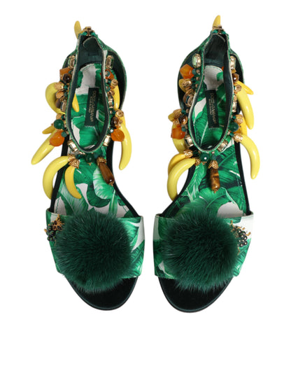 Dolce & Gabbana Grüne Satin-Sandalen mit Bananenblatt-Print und Nerzbesatz