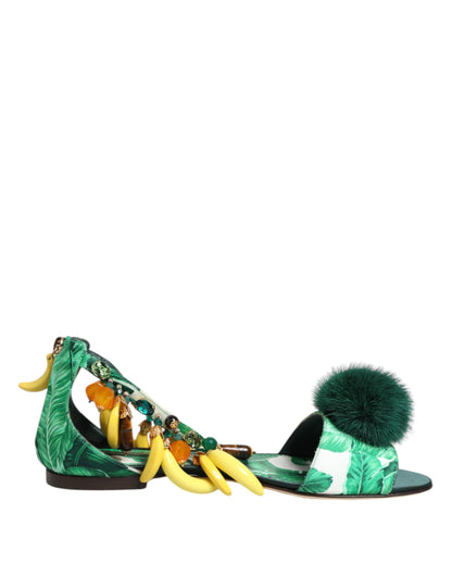 Dolce & Gabbana Grüne Satin-Sandalen mit Bananenblatt-Print und Nerzbesatz
