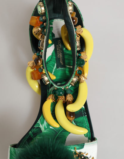 Dolce & Gabbana Grüne Satin-Sandalen mit Bananenblatt-Print und Nerzbesatz