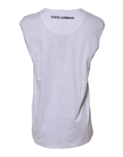 Dolce & Gabbana Weißes ärmelloses bedrucktes Tank-T-Shirt aus Baumwolle