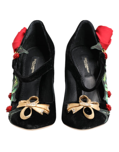 Dolce & Gabbana Scarpe Nere con Cristalli con Motivo Floreale in seta