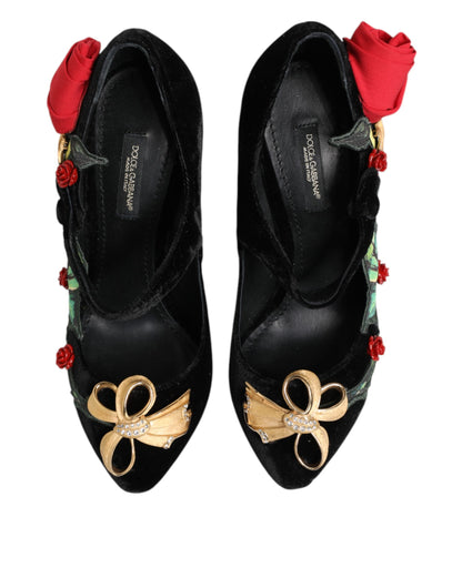 Dolce & Gabbana Scarpe Nere con Cristalli con Motivo Floreale in seta