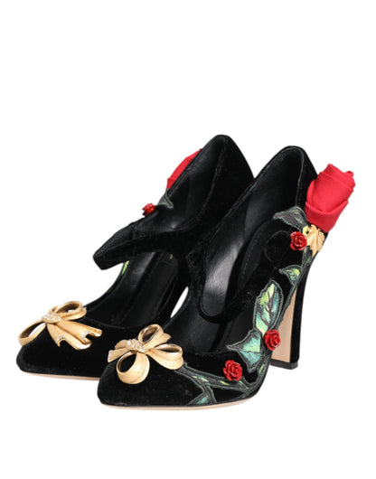 Dolce & Gabbana Scarpe Nere con Cristalli con Motivo Floreale in seta