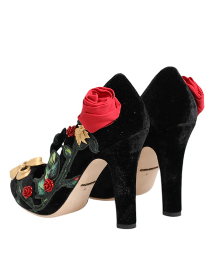 Dolce & Gabbana Scarpe Nere con Cristalli con Motivo Floreale in seta