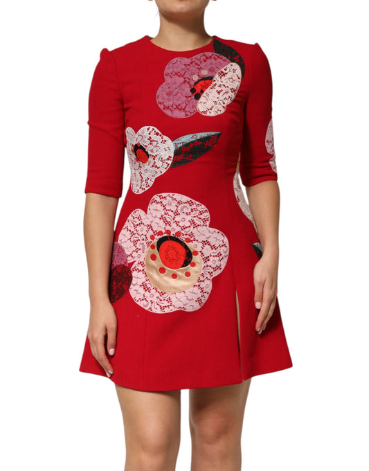 Dolce & Gabbana Rotes Minikleid mit floralen Spitzenapplikationen