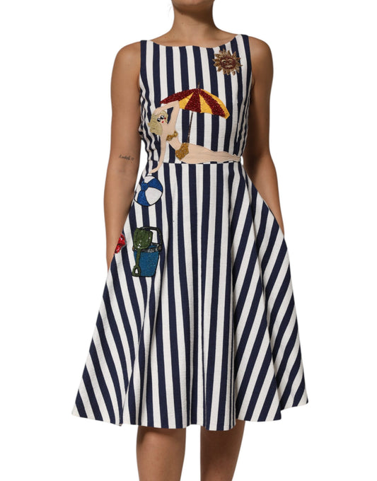 Dolce & Gabbana Blau-weiß gestreiftes A-Linien-Kleid mit Stickerei