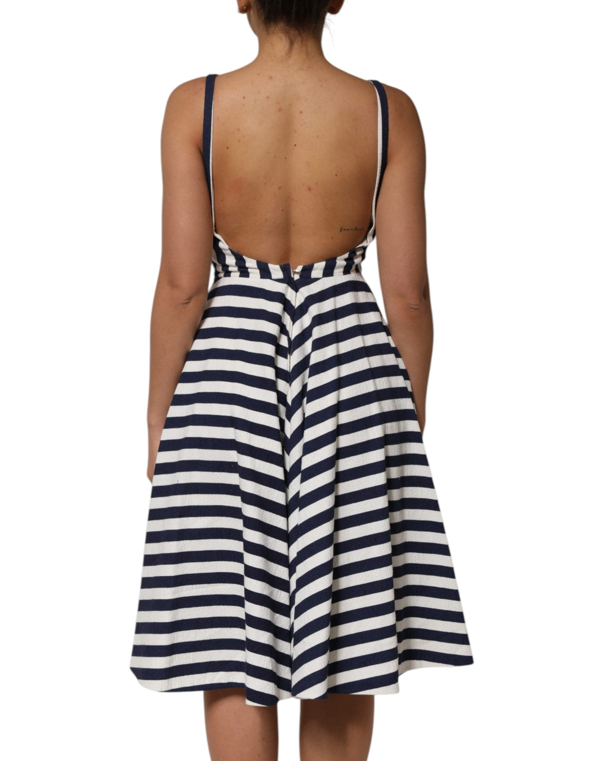 Dolce & Gabbana Blau-weiß gestreiftes A-Linien-Kleid mit Stickerei