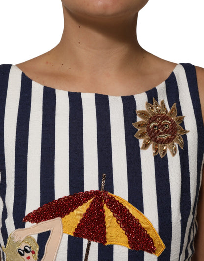 Dolce & Gabbana Blau-weiß gestreiftes A-Linien-Kleid mit Stickerei