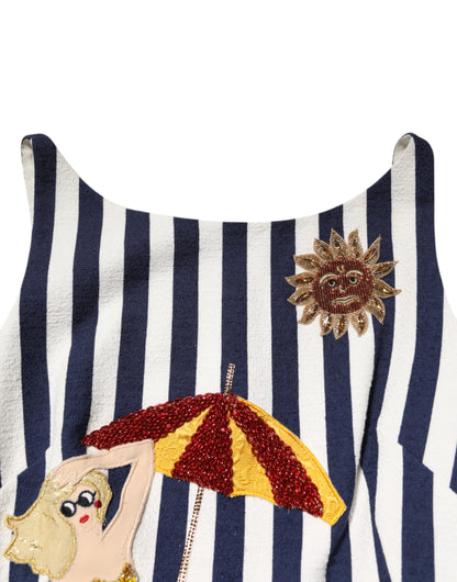 Dolce & Gabbana Blau-weiß gestreiftes A-Linien-Kleid mit Stickerei
