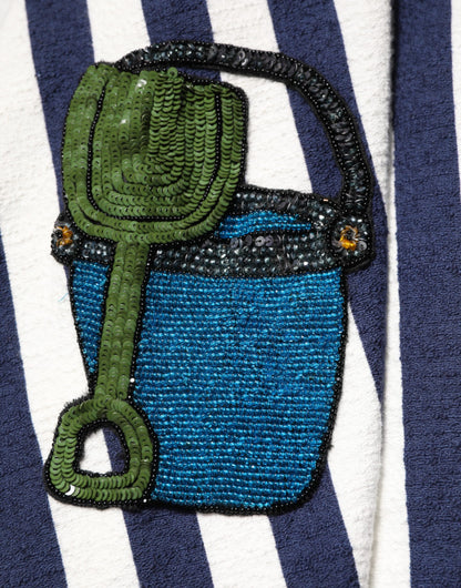 Dolce & Gabbana Blau-weiß gestreiftes A-Linien-Kleid mit Stickerei