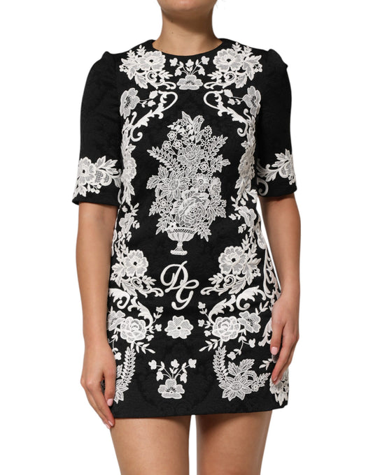 Dolce & Gabbana black A-line dress with short sleeves and lace trim