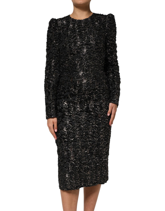 Dolce & Gabbana Schwarzes Bouclé-Tweed-Midikleid mit Pailletten