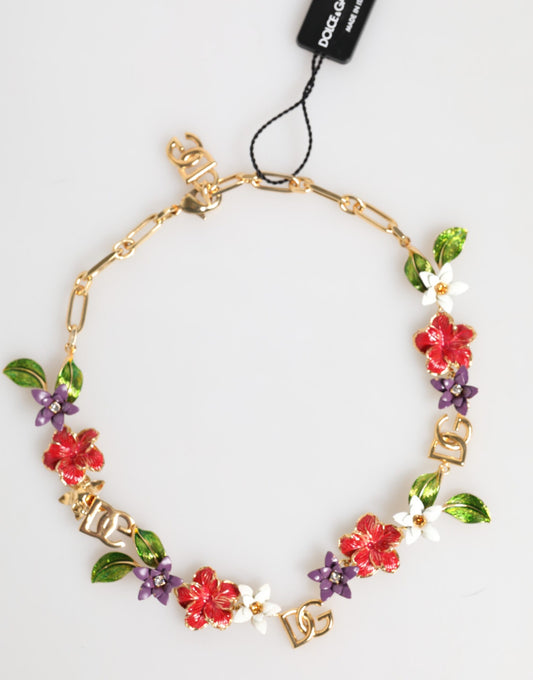 Dolce & Gabbana Goldfarbene florale Halskette mit DG-Logos
