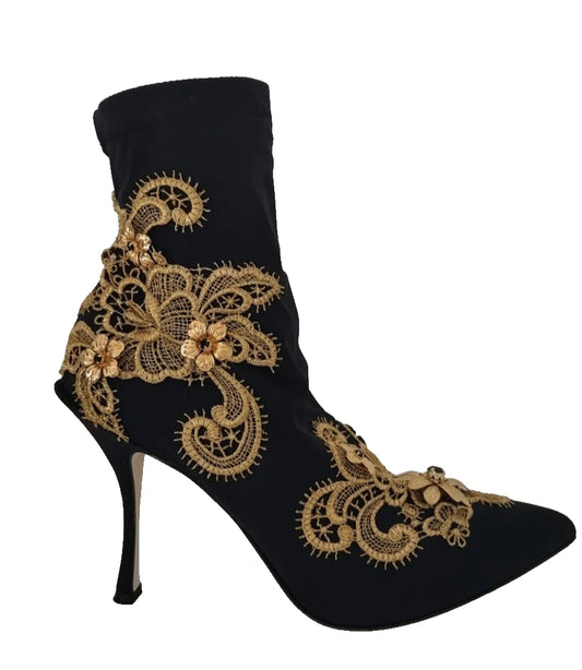 Dolce & Gabbana Black and Gold Embellished Crystal Boots
