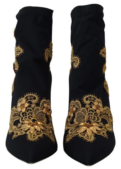 Dolce & Gabbana Schwarz Gold Stickerei Kristall Stiefel Schuhe