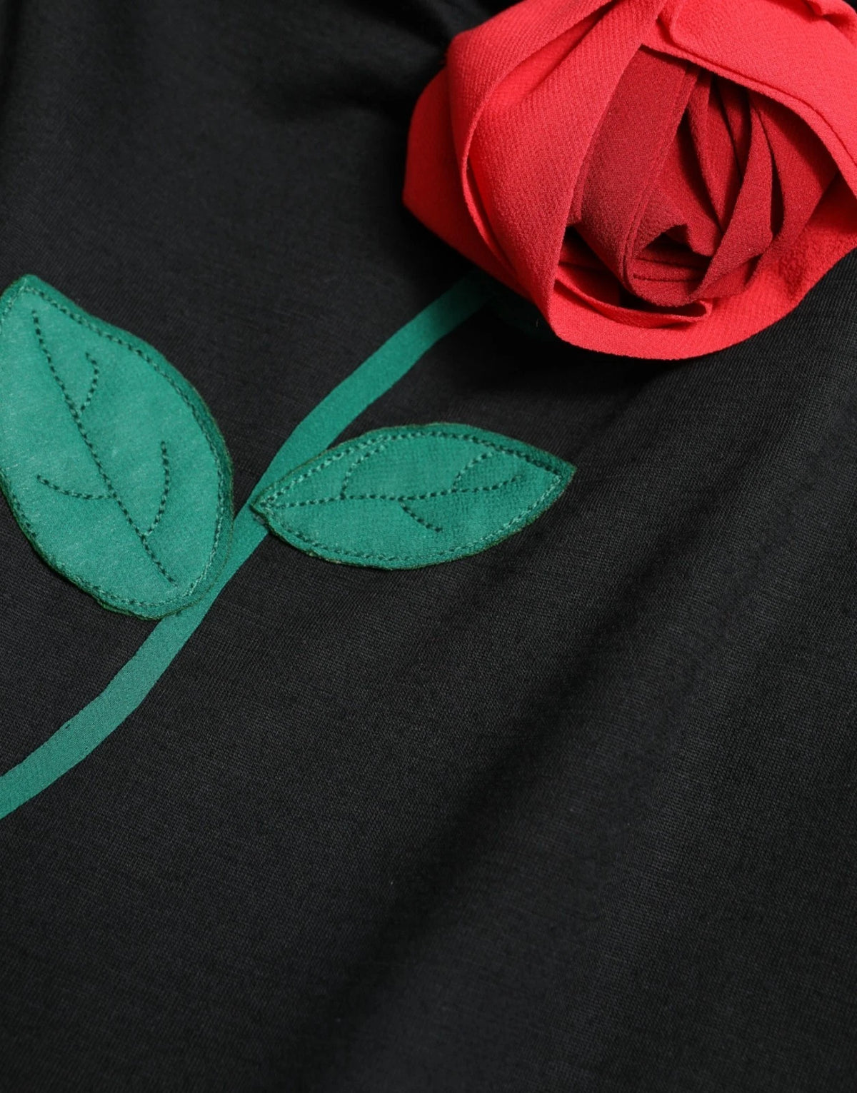 Dolce & Gabbana Schwarzes Wollkleid mit roten Rosenapplikationen