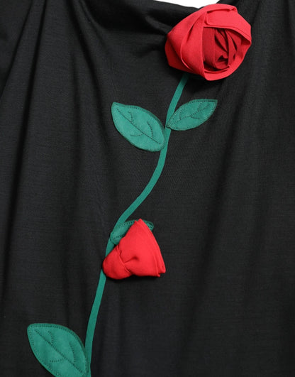 Dolce & Gabbana Schwarzes Wollkleid mit roten Rosenapplikationen
