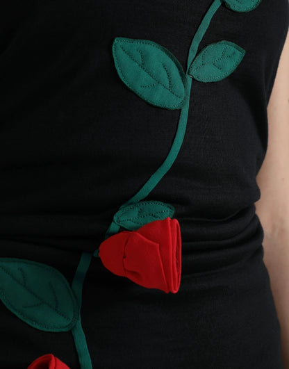 Dolce & Gabbana Schwarzes ärmelloses Kleid mit Rosenapplikationen aus Wolle