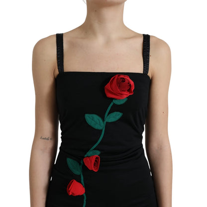 Dolce & Gabbana Schwarzes Wollkleid mit roten Rosenapplikationen