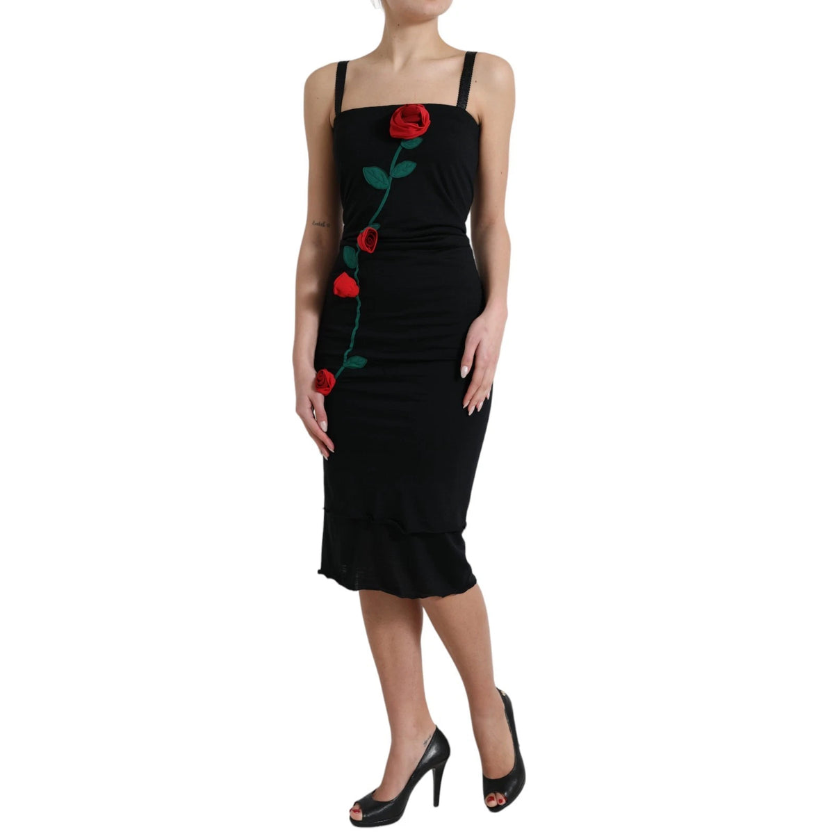 Dolce & Gabbana Schwarzes Wollkleid mit roten Rosenapplikationen