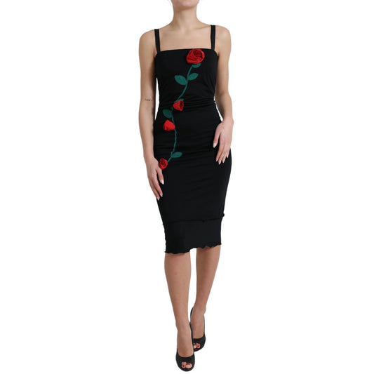 Dolce & Gabbana Schwarzes Wollkleid mit roten Rosenapplikationen