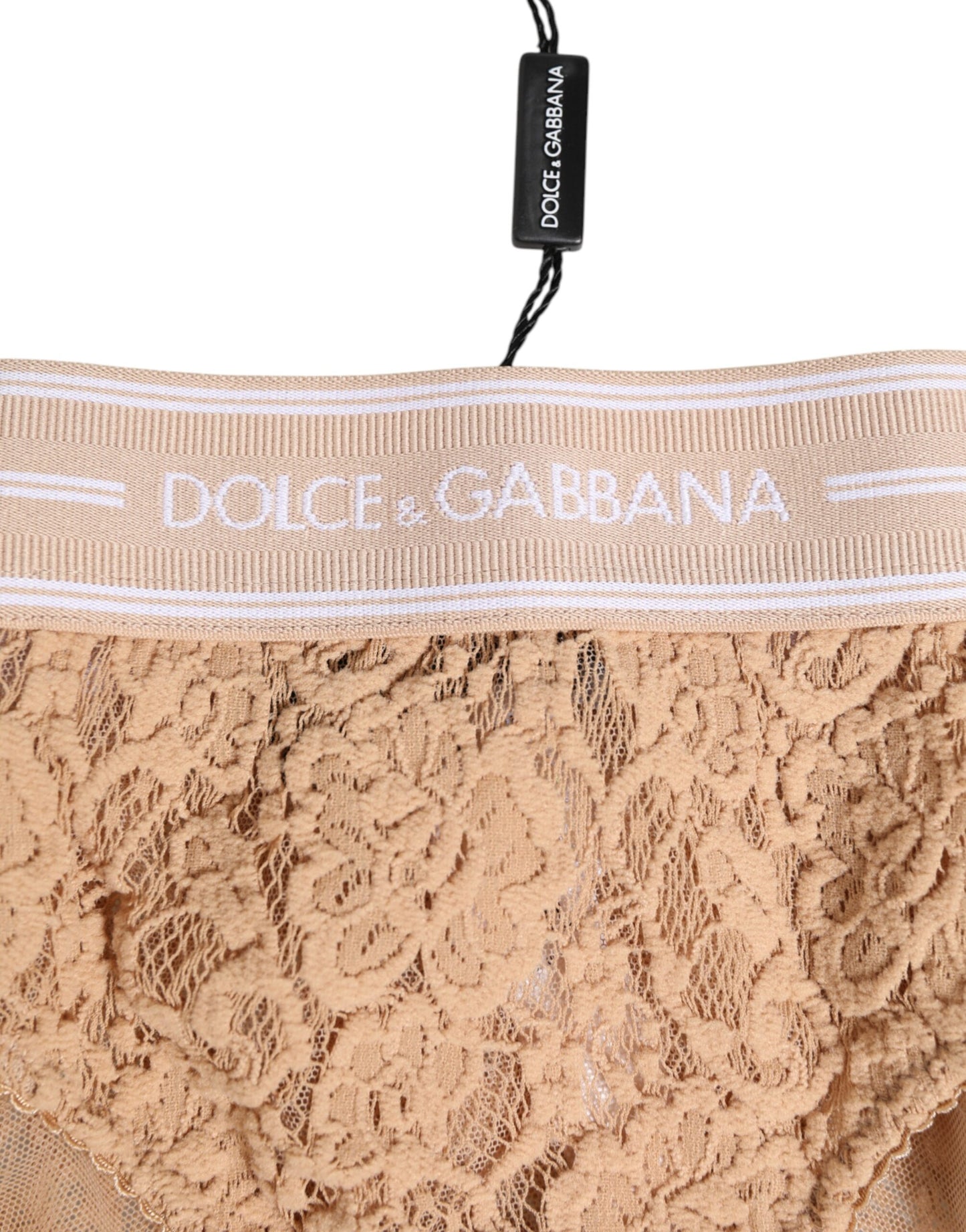 Dolce & Gabbana Beige Spitze Brasiliano Slip Logo-Bund Unterwäsche
