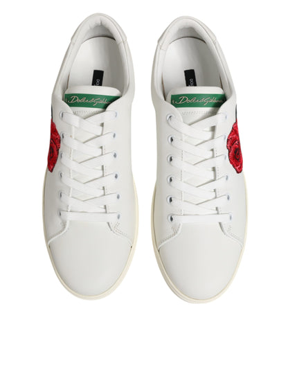 Dolce & Gabbana Weißes Leder mit Rosenstickerei Low-Top Schuhe