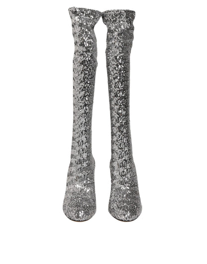 Dolce & Gabbana Schuhe Silber Pailletten Glitter High Heel Stiefel Schuhe