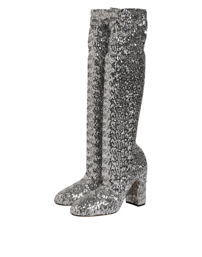 Dolce & Gabbana Silberne Overknee-Stiefel mit Pailletten
