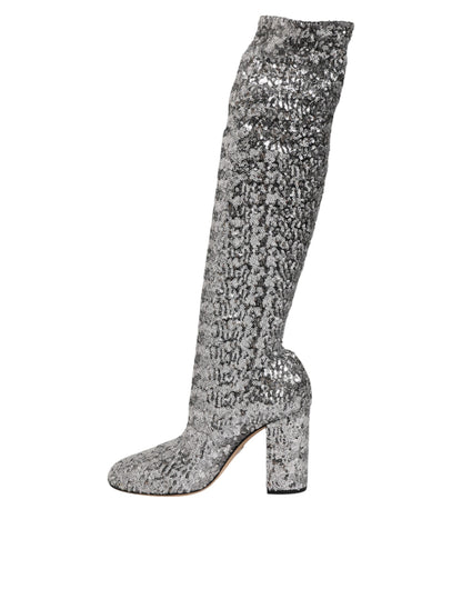 Dolce & Gabbana Silberne Overknee-Stiefel mit Pailletten