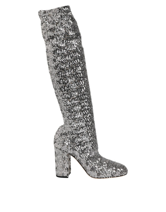 Dolce & Gabbana Silberne Overknee-Stiefel mit Pailletten