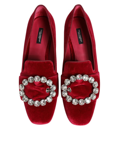 Dolce & Gabbana Mocassini Rossi con Cristalli con Fibbia in cotone e viscosa e velluto