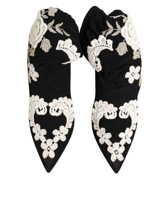 Dolce & Gabbana Schwarz Weiß Bestickte Jersey Stiletto Stiefel Schuhe