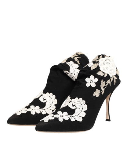 Dolce & Gabbana Schwarz-weiße bestickte Jersey-Stiletto-Boots
