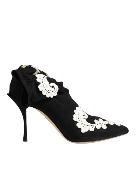 Dolce & Gabbana Black and White Embroidered Jersey Stiletto Boots Shoes