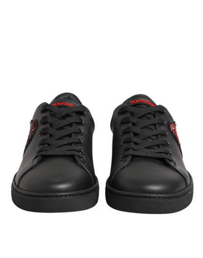Dolce & Gabbana Schwarz Leder Crystal Heart Low Top Sneakers Schuhe